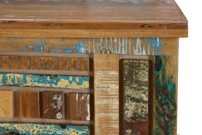 GINER Y COLOMER - Coffre en bois recyclé multicolore à ouverture supérieure et pieds en métal - Finition satinée, design géométrique - 116x47x40 cm